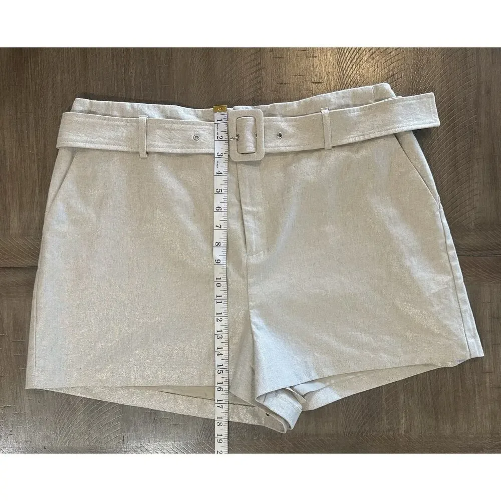 NINE WEST Beige Khaki Shimmer Linen Blend Belted Classic Shorts Women’s Size XL